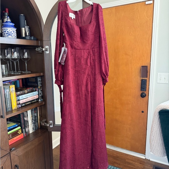 Azazie Burgundy Square-Neck Long Sleeve Maxi Dress with Slit - Picture 3 of 5